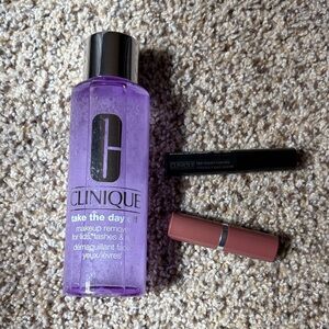 Clinique Bundle: Take The Day Off Makeup Remover Bottle, lipstick, and mascara